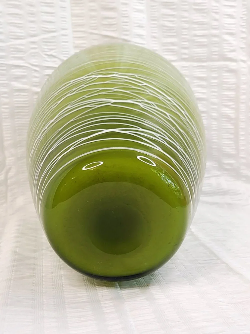 Hand Blown Cased Green White Swirl Art Glass Large Vase 13”